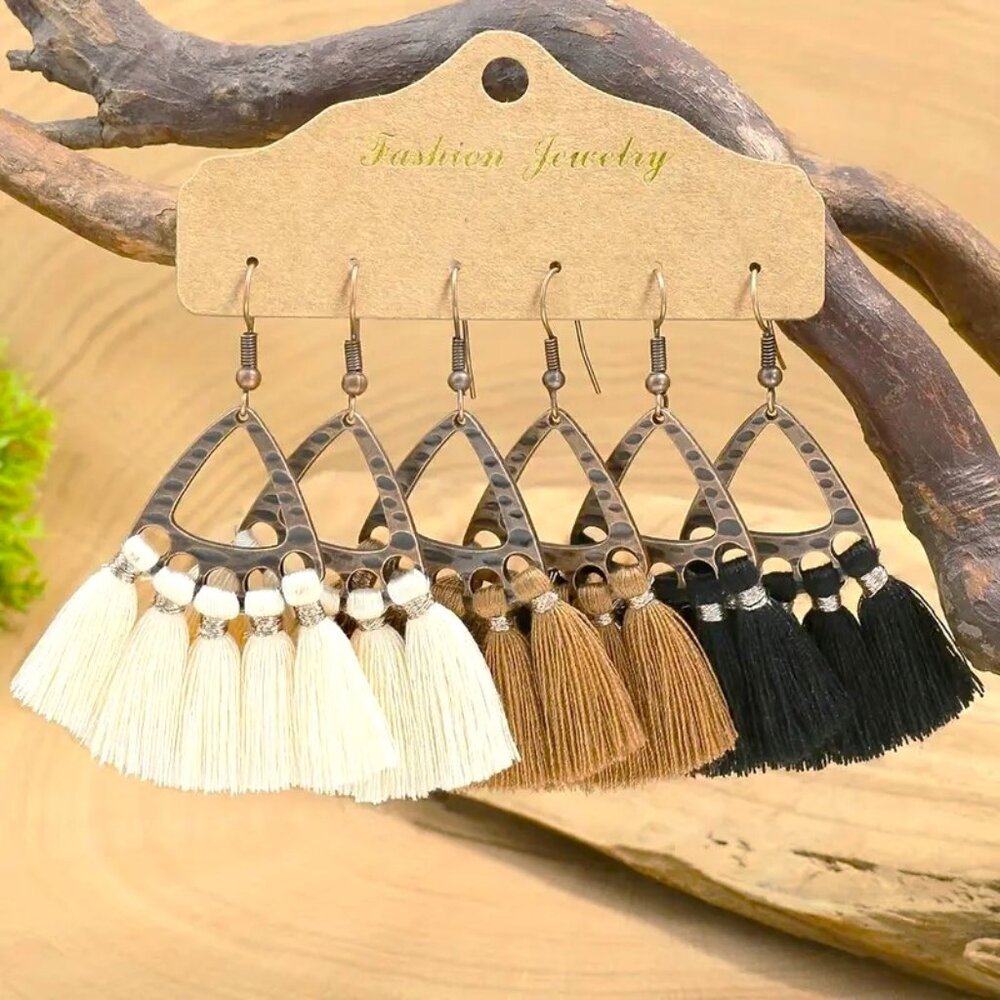 Earrings Tassel Fan Dangle 3pr Boho Hippie Ethnic Style Neutral Trendy Stylish